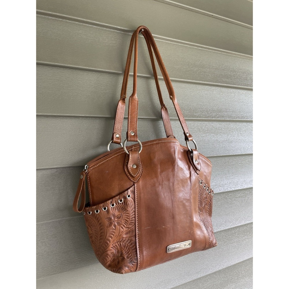 American West Embossed Tooled Leather Western Style Brown Tan Handbag Purse Bag - Picture 2 of 16